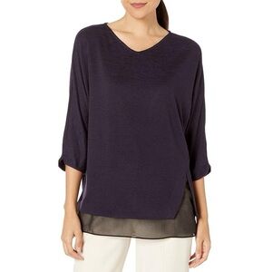 Nic+Zoe Rejoice V-Neck Mixed Media Chiffon Hem Knit Top Plum Purple Black S